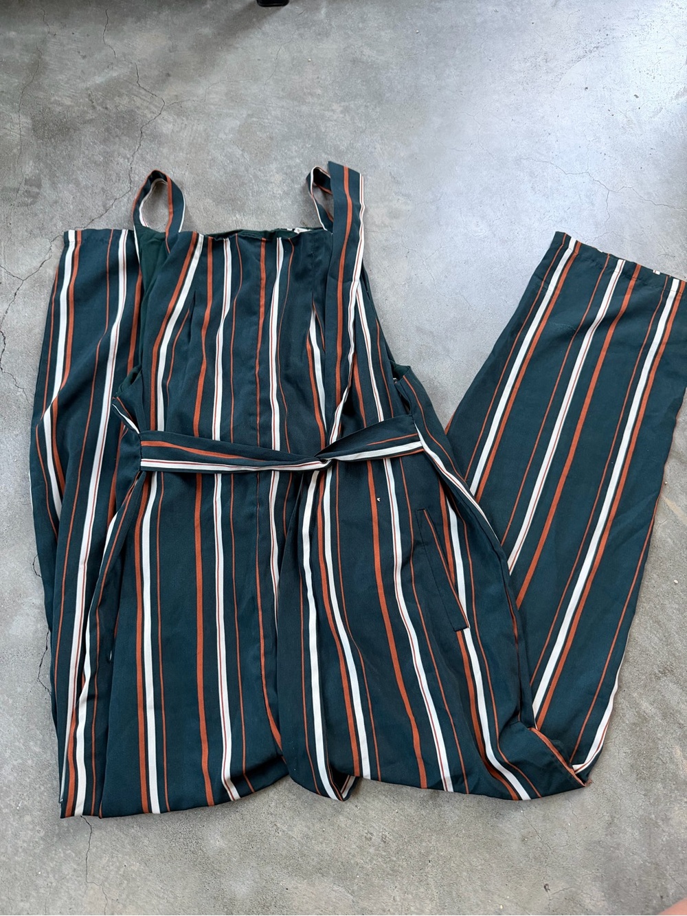 Style Rack Teal Striped Sleeveless Jumpsuit with Tie Belt